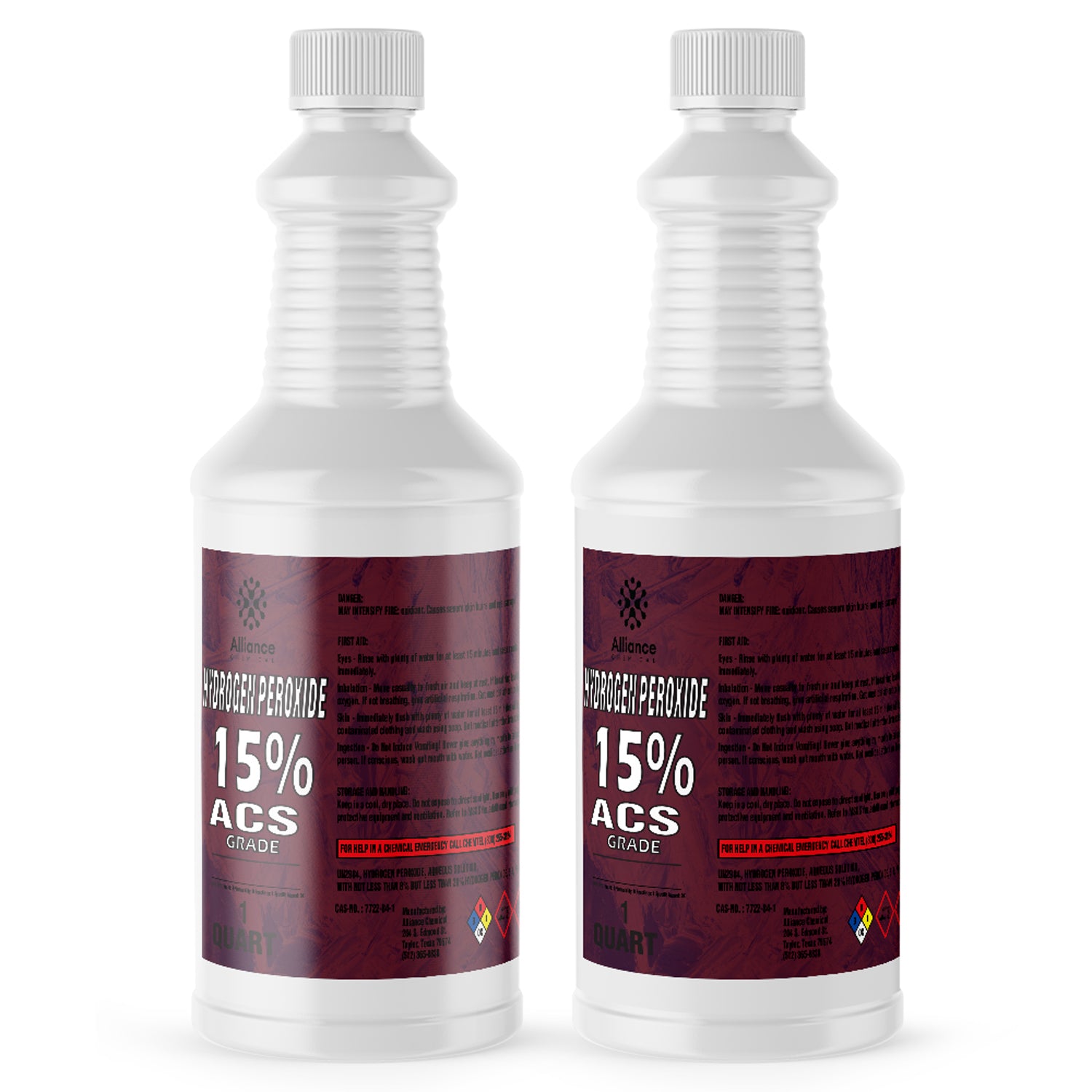 2-quart white HDPE bottles of Alliance 15% ACS-grade hydrogen peroxide with burgundy labels, NFPA diamond symbols, and ribbed safety caps.